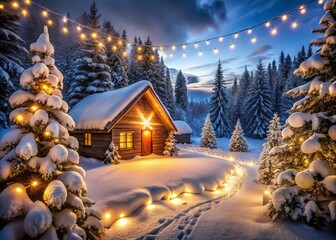 Fototapeta premium Enchanted Christmas Night: Long Exposure of Festive Lights and Snowy Landscape for Holiday Spirit