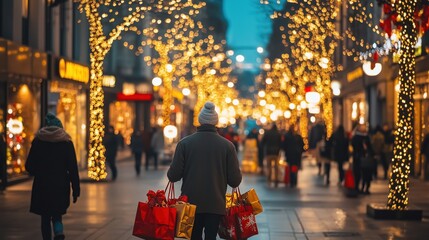 A busy city street with Christmas shoppers carrying bags full of gifts, decorated with holiday lights and wreaths.