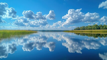 A tranquil blue lake with fluffy white clouds reflected in the water under a bright blue sky.