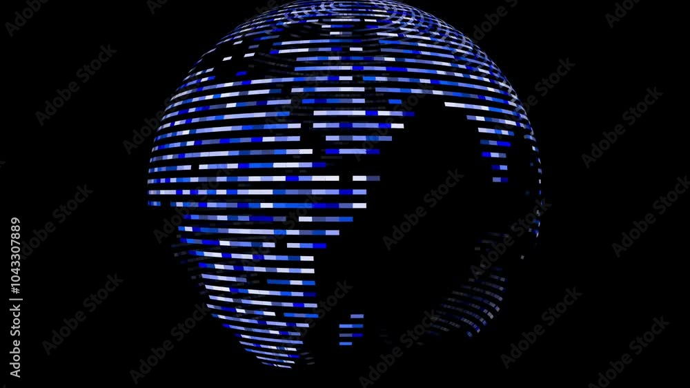 Poster rotating abstract globe made of horizontal stripes, creating a futuristic digital effect