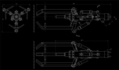 Vector mechanical part earthmoving machine (excavator). Engineering assembly drawing of steel device
with dimension lines. Industrial technic 
cad scheme on white paper sheet. Machined tool - shaft. 