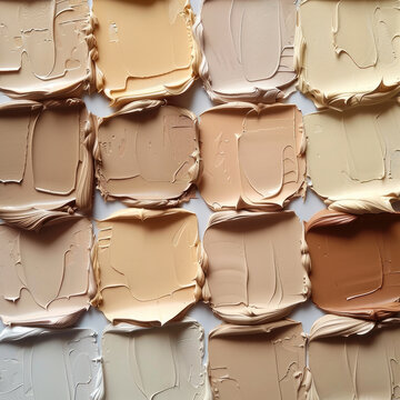 Light cremes of different cosmetics fill a neutral background, background is white and covered with creme, variations in creme color.