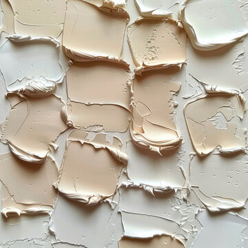 Light cremes of different cosmetics fill a neutral background, background is white and covered with creme, variations in creme color.