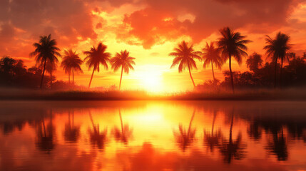 Obraz premium stunning sunset over tranquil lake, with silhouettes of palm trees reflecting on waters surface, creating serene and picturesque scene