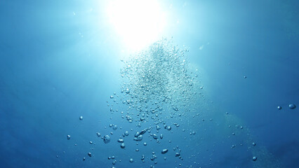 Fototapeta premium Underwater photo of air bubbles going up against the surface underwater in rays of sunlight. From a scuba dive in the deep blue ocean.