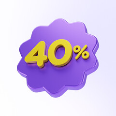 purple and yellow forty percent or 40 % discount number isolated on white background. 3d render