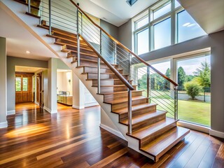 Fototapeta premium A twisting ribbon of stairs, bathed in sunlight, ascends to the unknown.