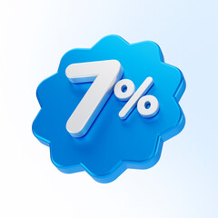 blue seven percent or 7 % discount number isolated on white background. 3d render