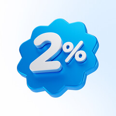 blue two percent or 2 % discount number isolated on white background. 3d render