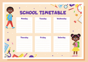 School timetable, lesson schedule and organizer template. Study weekly planner with school supplies and schoolchildren.