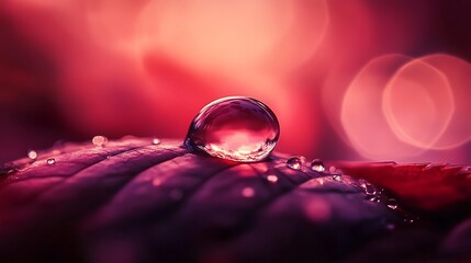 A dramatic close-up of a water droplet resting on a leaf, with the bokeh effect softly blurring the background, highlighting the detail and realism of the droplet