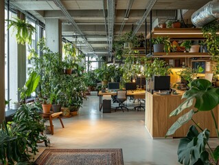 Fototapeta premium Modern office space with a lush indoor garden, featuring wooden furniture and large windows.