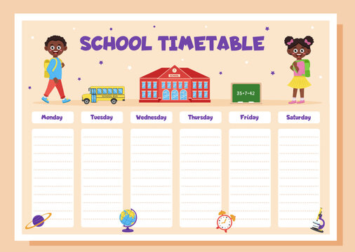 School timetable, lesson schedule and organizer template. Study weekly planner with school supplies and schoolchildren.