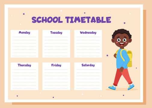 School timetable, lesson schedule and organizer template. Study weekly planner with schoolboy.