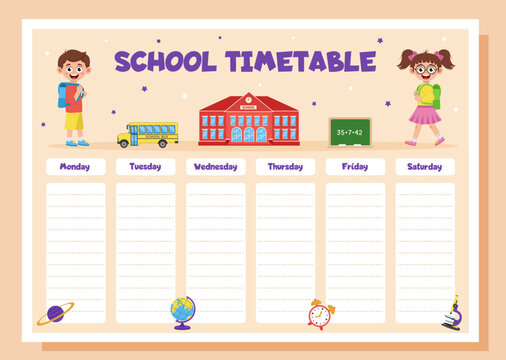 School timetable, lesson schedule and organizer template. Study weekly planner with school supplies and schoolchildren.