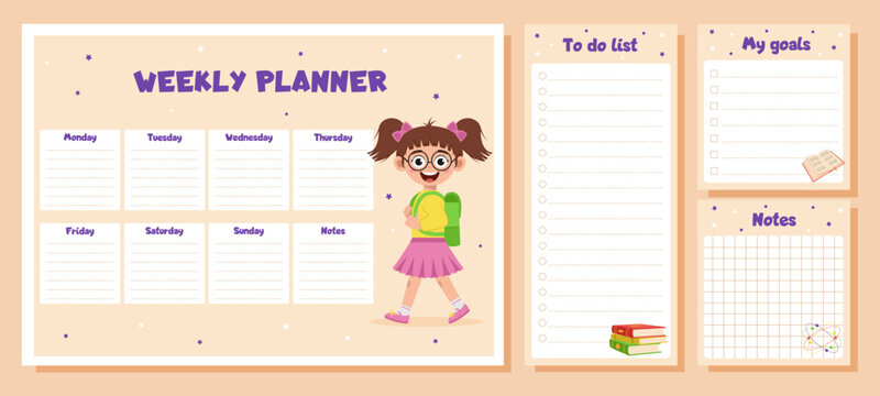 Weekly planner, to do list, notes, goals for children. School timetable, lesson schedule and organizer template with school supplies and schoolgirl.