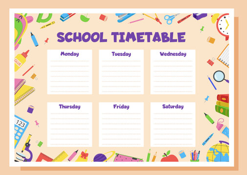 School timetable, lesson schedule and organizer template. Study weekly planner with school supplies. - Powered by Adobe