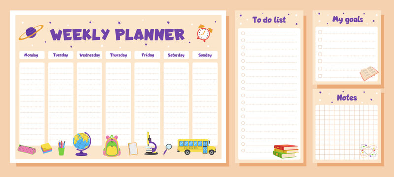 Weekly planner, to do list, notes, goals for children. School timetable, lesson schedule and organizer template with school supplies.
