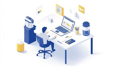 Naklejka premium simple Isometric infographic of a businesspersonsitting at a desk, working with laptop and marketing materials.