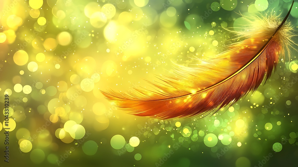 Poster a realistic close-up of a bird's feather caught in the wind, with bokeh effects softly blurring the 