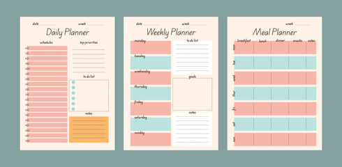 Weekly planner template, daily planner, daily life, time menagement concept, meal planner, minimalist template page, organiser on beige background with to do list for office, papers, school