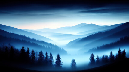Fototapeta premium Misty blue mountains and evergreen trees create serene landscape, evoking sense of calm and tranquility. layers of hills fade into distance, enhancing peaceful atmosphere