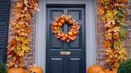 Obraz premium Front door decorated with pumpkins. Perfect for autumn or Thanksgiving greetings.