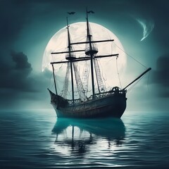 A pirate ship sails through a calm sea under the moonlight.
