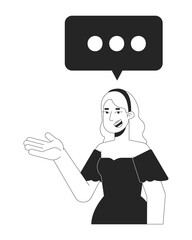Blonde woman gesturing with chat bubble three dots black and white 2D line character. Caucasian female messaging talking balloon isolated vector outline person. Monochromatic spot illustration