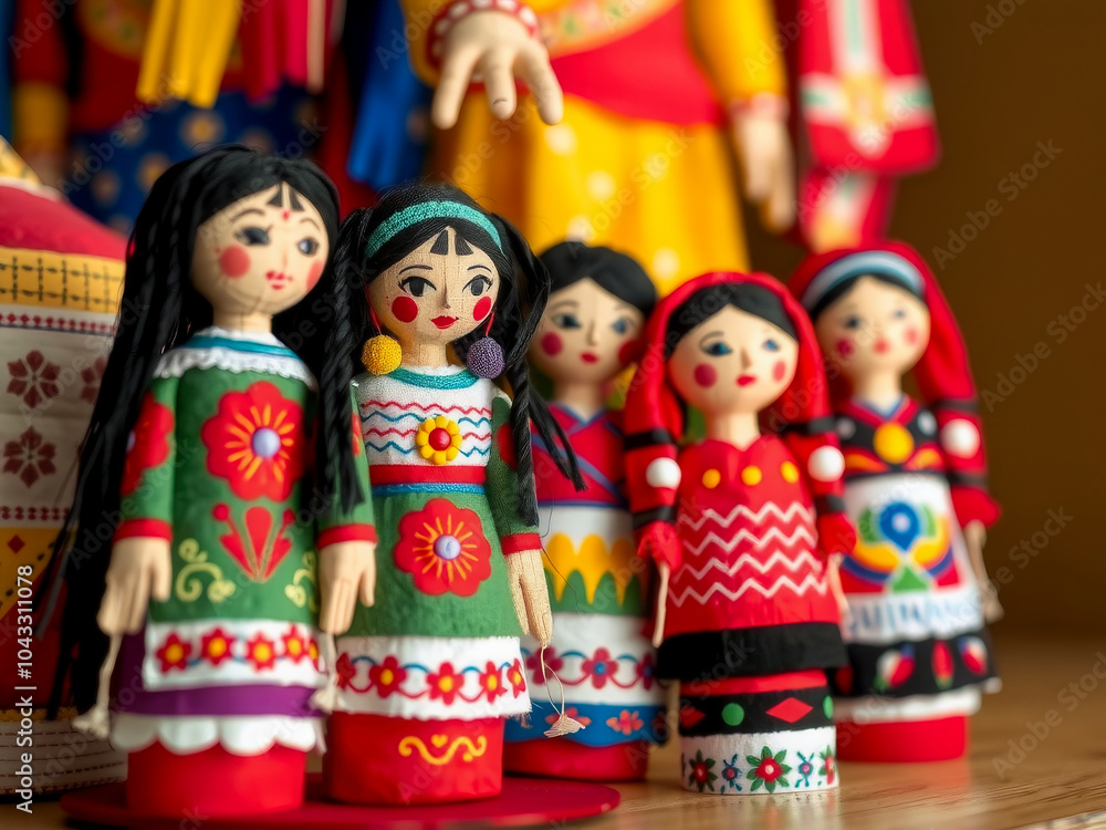 Wall mural A group of dolls with different colored clothing and accessories. The dolls are arranged in a row, with some standing upright and others sitting on a surface. The dolls appear to be of different sizes