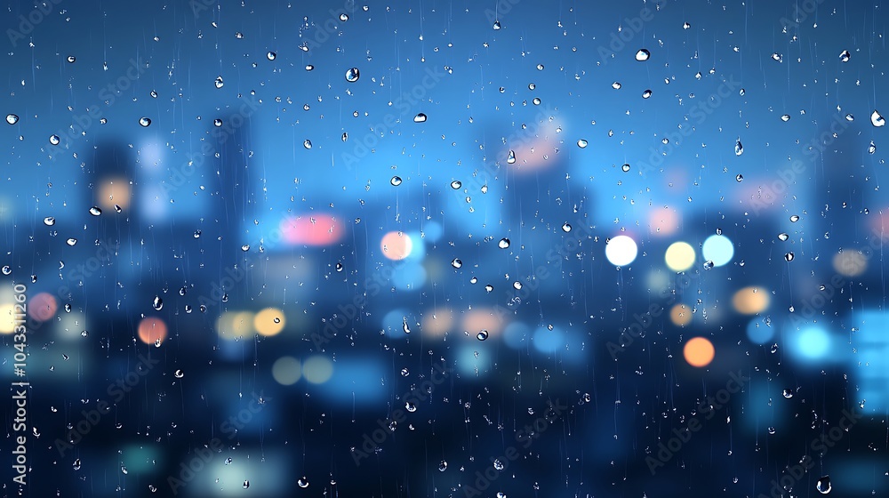 Poster a realistic close-up of raindrops falling on a window, with a dramatic view of the city blurred into
