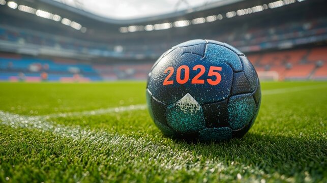 A handball rests on a lush green pitch inside a stadium, marked with the year 2025 in vivid orange. The atmosphere suggests anticipation for upcoming events. - Powered by Adobe