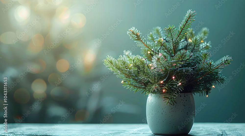 Aufkleber Branches of fir tree with lights in a vase Christmas concept with a text space.