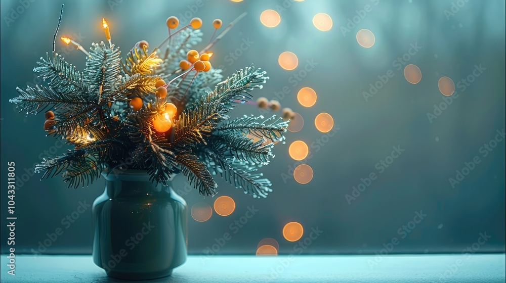 Aufkleber Branches of fir tree with lights in a vase Christmas concept with a text space.