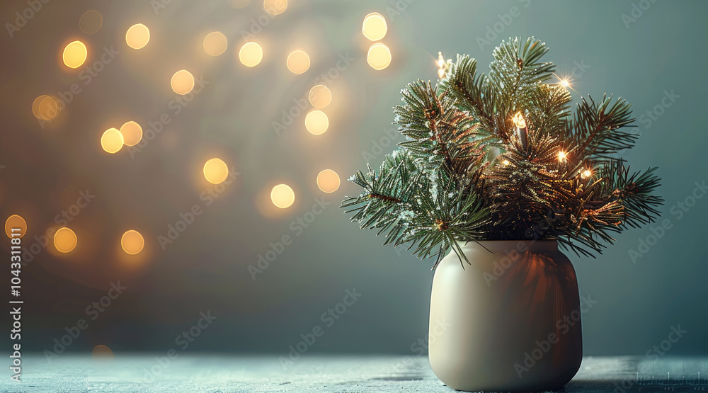 Aufkleber Branches of fir tree with lights in a vase Christmas concept with a text space.