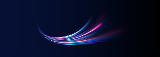 Lines in the shape of a comet against a dark background. Illustration of high speed concept. Motion light effect for banners. Fast speed car. Curved light trail stretched upward.