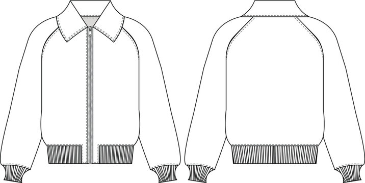 collared balloon long sleeve ribbed hem  cuff zippered loose slouchy raglan jacket coat sweatshirt  template technical drawing flat sketch cad mockup fashion man unisex woman design style model 

