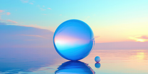A large blue sphere is floating in the water