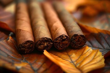 A group of cigars sitting on top of a pile of leaves