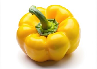 A vibrant yellow pepper, viewed from above, stands out against a pristine white backdrop.