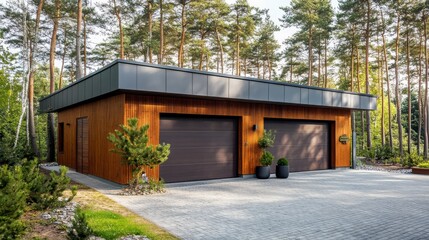 Modern Wooden Garage in a Forest Setting: A contemporary double-car garage with a sleek, modern design, featuring a rust-colored wood exterior, a flat roof, and lush greenery in the background.