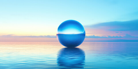 A large blue sphere is floating on the surface of the water