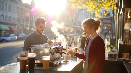 Naklejka premium A young couple enjoys coffee outdoors on a sunny day.