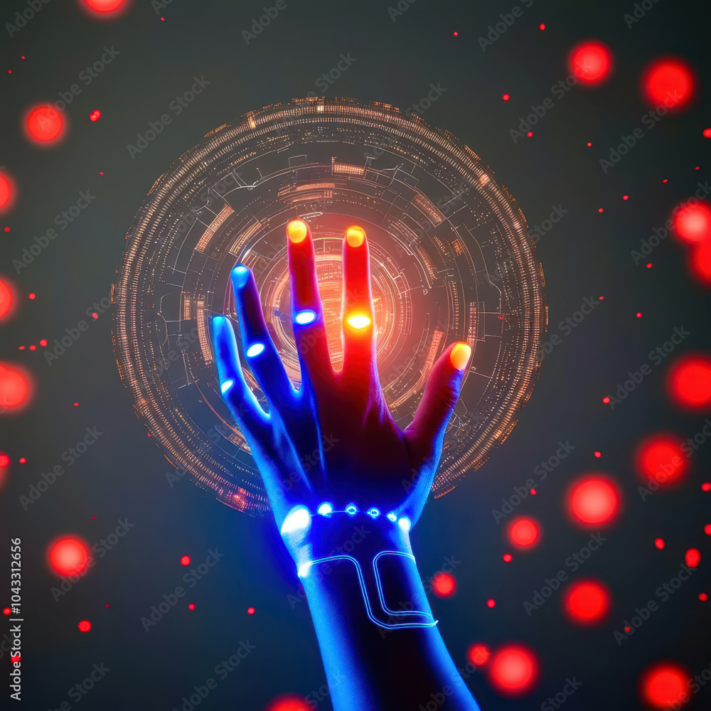 Poster A hand is pointing at a glowing circle with a red background