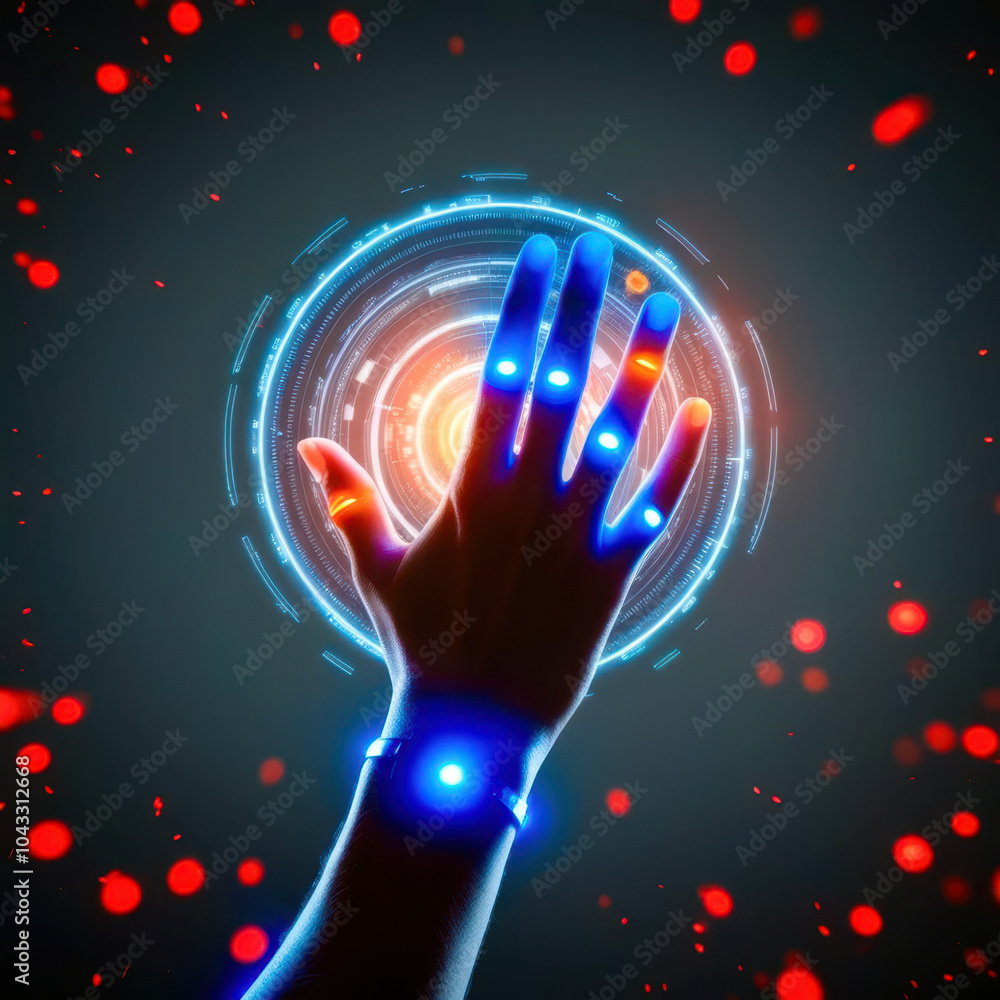 Poster a hand is touching a glowing circle with a red background