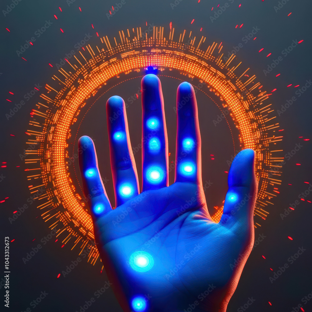 Poster a hand with blue dots on it is surrounded by a circle of orange dots