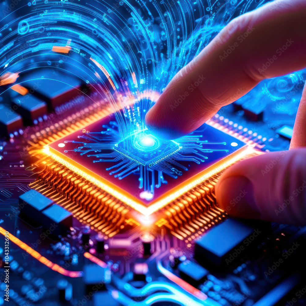 Poster a hand is touching a computer chip