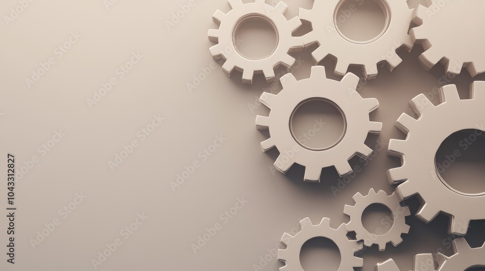 Poster gears interlocking, representing teamwork and problem-solving, neutral background, space for overlay