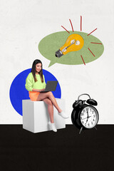 Composite trend artwork 3D sketch image photo collage of idea lamp student mind think young lady...