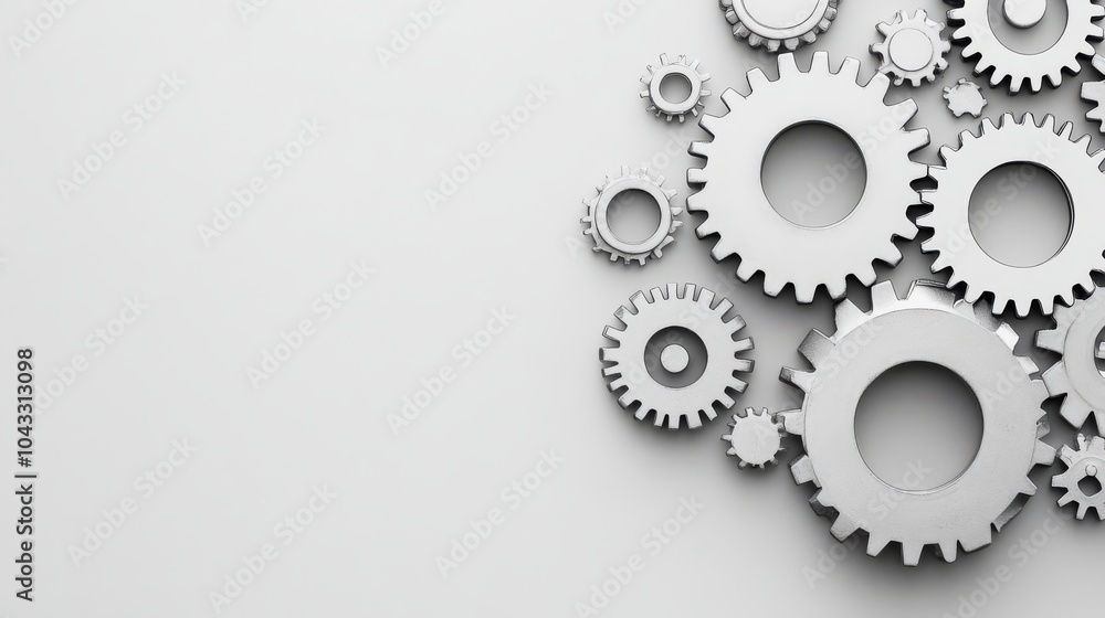 Poster gears interlocking, representing teamwork and problem-solving, neutral background, space for overlay